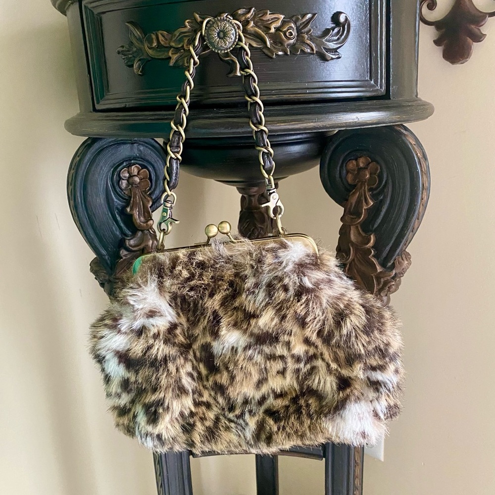 Faux Fur Leopard print clutch evening purse bag